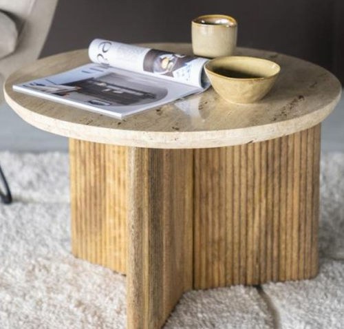Tavolino basso contemporaneo - SARA - TRUST MOBILIER - in travertino / con supporto in legno / rotondo