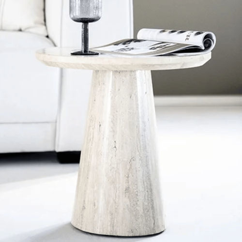 Tavolo d'appoggio contemporaneo - AIME - TRUST MOBILIER - in travertino / con supporto in travertino / rotondo