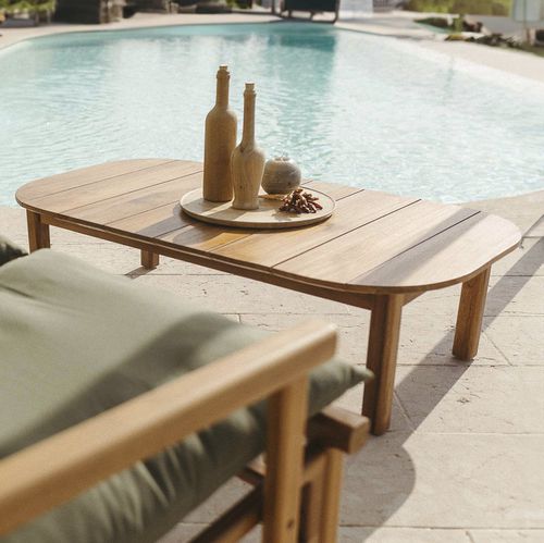 Tavolino basso contemporaneo - Chiglia - Maanta - in teak / con supporto in teak / rettangolare