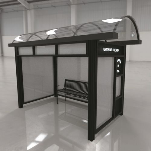 Pensilina per fermata d'autobus in policarbonato - Enea 4355 - Elux srl - in acciaio con rivestimento a polvere / con panchina / LED
