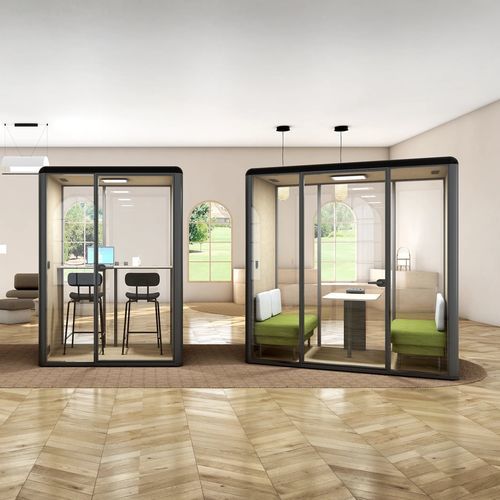 Isola di privacy per ufficio acustica - L - Mirplay Objektmöbel - con porta vetrata / in PET / in alluminio