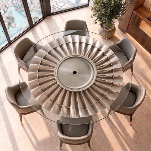 Tavolo da pranzo fatto con parti di aereo - INTAKE - Skypak - design originale / in vetro temprato / con supporto in acciaio inossidabile