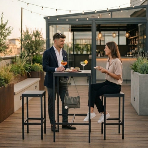 Tavolo da bistrot contemporaneo - CONVIVIO - COMIN Arredamenti S.r.l. - in acciaio verniciato / con supporto in metallo / rettangolare