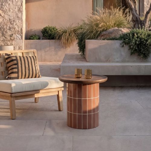 Tavolo d'appoggio contemporaneo - GEORGES - TICKET FOR THE MOON - in terracotta / in rovere / con base in cemento