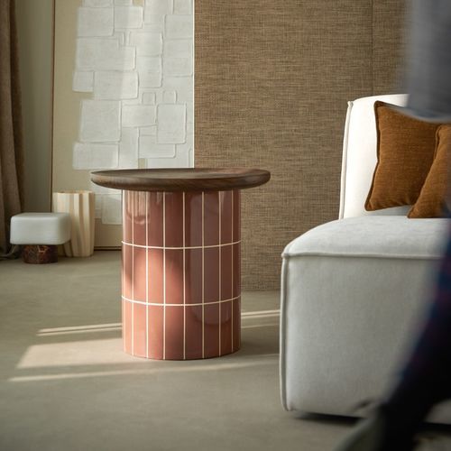 Tavolo d'appoggio contemporaneo - GEORGES - TICKET FOR THE MOON - in terracotta / in rovere / in lino