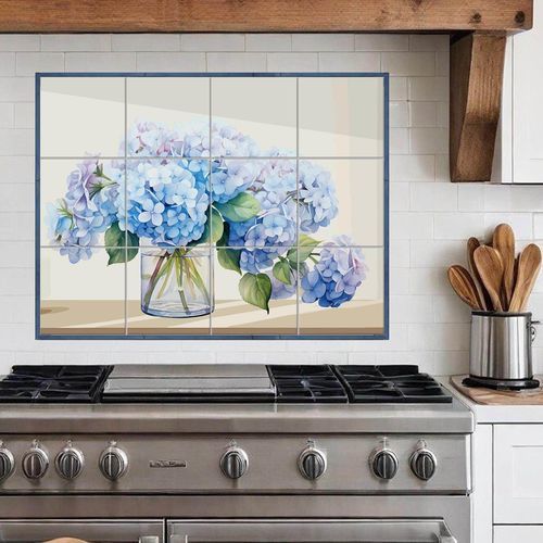 Pannello retrocucina in marmo - BLUE HYDRANGEA - Tempera Art Design - in ceramica / in porcellana / con motivi floreali