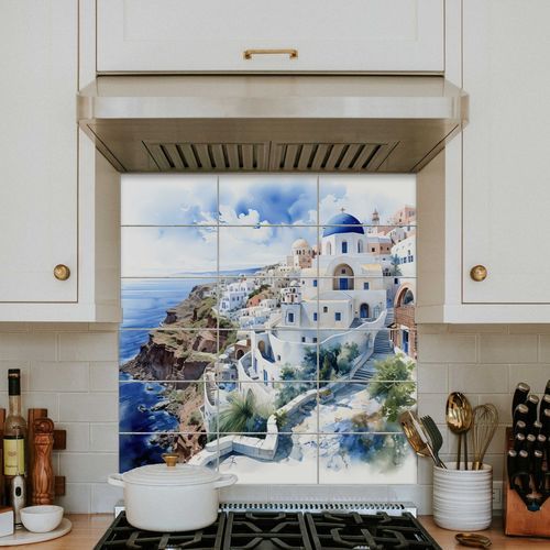 Pannello retrocucina in porcellana - SANTORINI  - Tempera Art Design - con scene / personalizzabile / capolavori della pittura