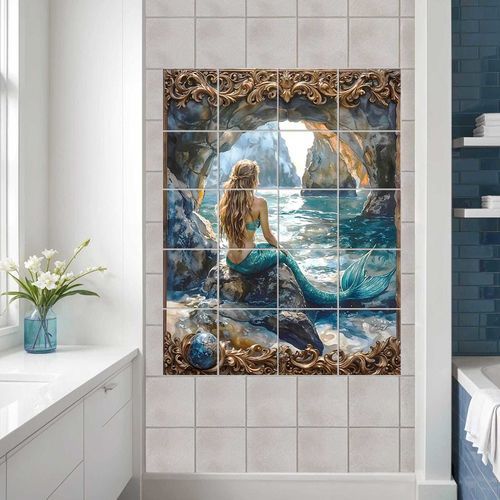 Piastrella in porcellana - MERMAID BY THE SEA IN A CAVE - Tempera Art Design - impressa digitalmente / indoor / per spazi umidi