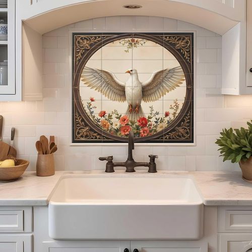Pannello retrocucina in porcellana - WHITE DOVE WITH WINGS SPREAD - Tempera Art Design - con motivo barocco / arabesca / a motivi