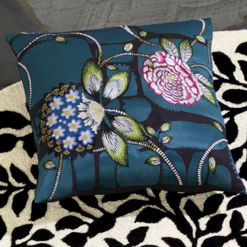 Cuscino quadrato - LES ROSALES BLEU PAON - DESIGNERS GUILD - con motivi floreali / a tinta unita / multicolore