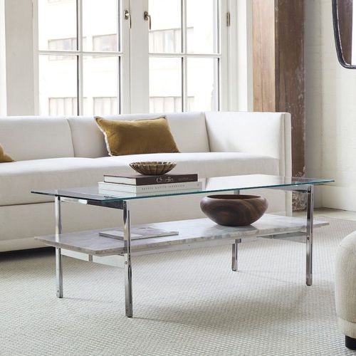 Tavolino basso contemporaneo - Ozzy - West Elm - in vetro temprato / in marmo / con supporto in metallo cromato