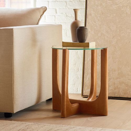 Tavolo d'appoggio contemporaneo - Harper - West Elm - in vetro temprato / con supporto in legno massiccio / rotondo