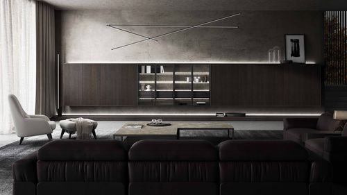 Parete attrezzata per soggiorno contemporanea - DERIMADE BRANDE CURVE - MUEBLES DOCA - in rovere / in vetro / per TV