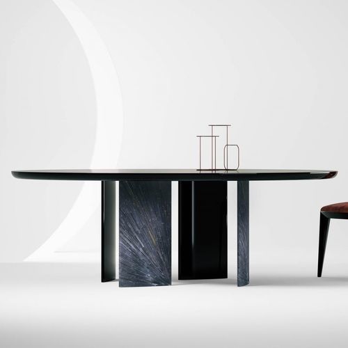 Tavolo contemporaneo - Poe - LAURAMERONI - in legno laccato brillante / in marmo / in paglia