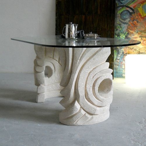 Tavolo contemporaneo - NIAGARA - stonebreakers - in cristallo / con supporto in pietra / ovale