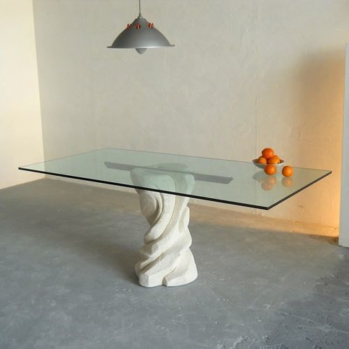 Tavolo da pranzo contemporaneo - Mezzaluna - stonebreakers - in cristallo / con supporto in pietra / rettangolare