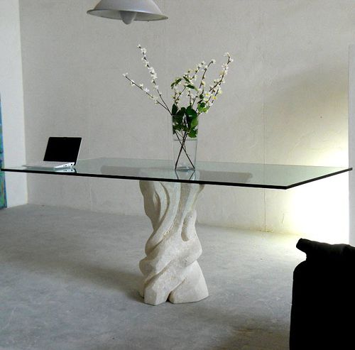 Tavolo da pranzo contemporaneo - Mezzaluna - stonebreakers - in ciliegio / in cristallo / con supporto in pietra