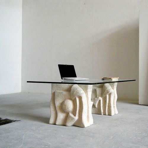 Tavolino basso contemporaneo - Archivio - stonebreakers - in vetro / con supporto in pietra / rettangolare