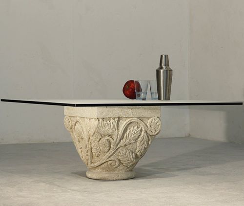 Tavolino basso contemporaneo - San Romano - stonebreakers - in vetro / con supporto in pietra / quadrato