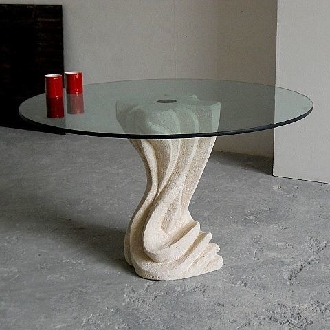 Tavolo da pranzo contemporaneo - Essenza - stonebreakers - in cristallo / con supporto in pietra / rotondo
