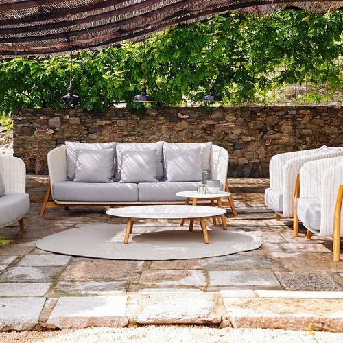 Tavolino basso contemporaneo - ROUND - POINT - in teak / in pietra / rotondo
