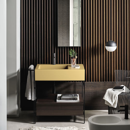 Mobile lavabo da appoggio - NARCISO MINI - ANEMONE  MATT BLACK  EUCALIPTO - Ceramica Cielo - in legno / in ceramica / contemporaneo