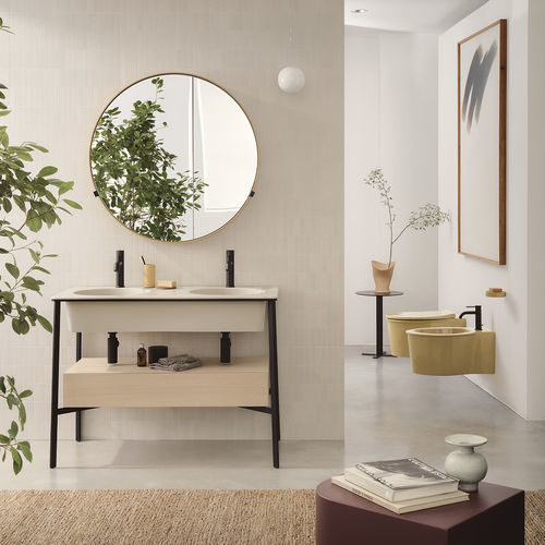 Mobile lavabo doppio - CATINO - LINO/ROVERE SBIANCATO - ANEMONE - Ceramica Cielo - da appoggio / in legno laccato / in ceramica