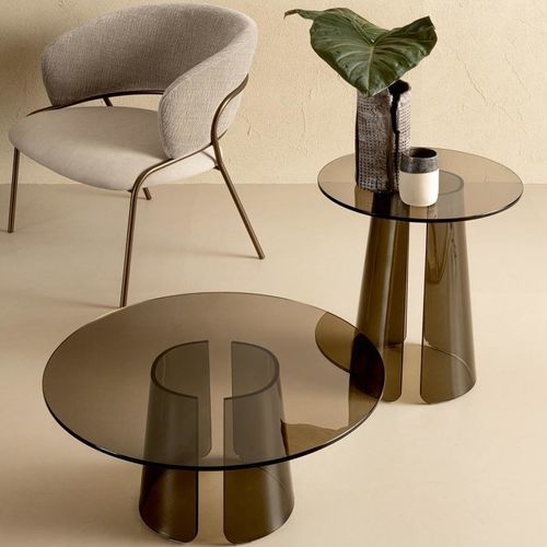 Tavolino basso contemporaneo - KONO - Riflessi - in vetro temprato / con supporto in vetro temperato / rotondo