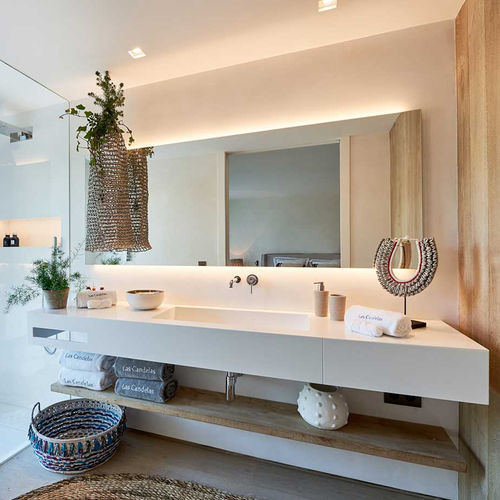Lavabo integrato - LIBRA - PLANIT - in Corian® / con piano integrato / rettangolare