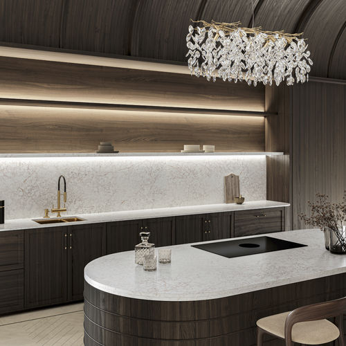 Piano di lavoro in Silestone® - Rivière Rose - Cosentino - da cucina / bianco / con bordi arrotondati