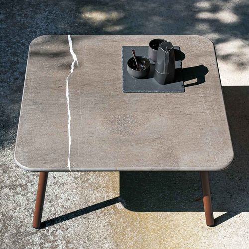 Tavolino basso contemporaneo - PIPER 011  - RODA - in teak / in pietra / con supporto in alluminio