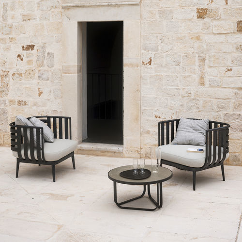 Tavolino basso contemporaneo - THEA 008 - RODA - in vetro / in gres / con supporto in alluminio laccato