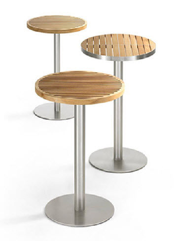 Tavolo alto contemporaneo - KURF  - KENKOON - in teak / in acciaio inossidabile / rotondo