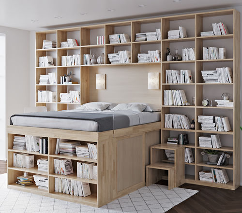 Letto a soppalco - Bookcase - Cinius - matrimoniale / contemporaneo / con base contenitore