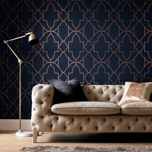 Carta da parati design originale - VERSAILLES NAVY - Graham & Brown - geometrica / aspetto tessuto / blu