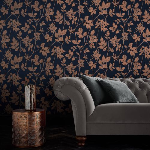 Carta da parati contemporanea - LUNA NAVY & COPPER - Graham & Brown - in rame / con motivi floreali / aspetto tessuto