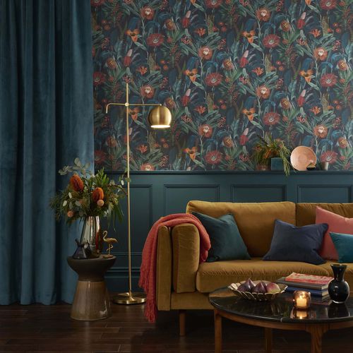 Carta da parati contemporanea - TIGERLILY MIDNIGHT  - Graham & Brown - con motivi floreali / aspetto tessuto / multicolore
