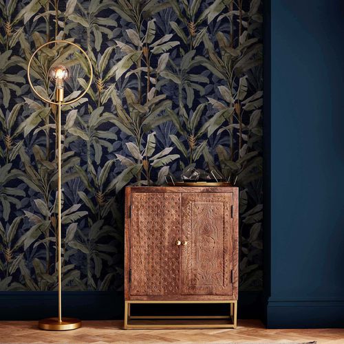 Carta da parati contemporanea - BORNEO MIDNIGHT - Graham & Brown - con motivi naturali / aspetto tessuto / navy