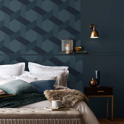 Carta da parati contemporanea - FRACTAL NAVY - Graham & Brown - geometrica / aspetto tessuto / navy