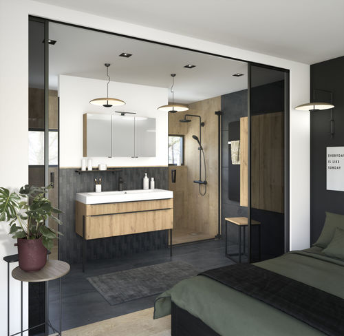 Bagno contemporaneo - INSPIRATION Fusain Chêne ambré structuré - Delpha - in rovere / in ceramica / su misura