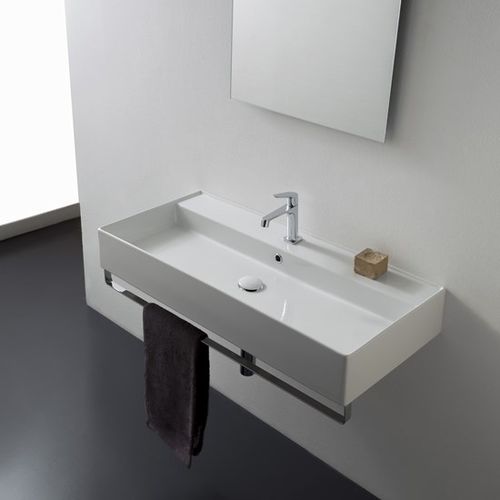 Lavabo sospeso - 5106/R-100A - Scarabeo Ceramiche - in ceramica / con portasalviette integrato / rettangolare