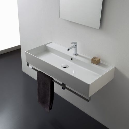 Lavabo sospeso - 5107/R-120B - Scarabeo Ceramiche - in ceramica / con portasalviette integrato / rettangolare