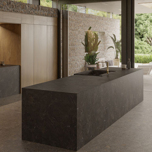 Piano di lavoro in gres porcellanato - UMBRA ITOP MARRÓN BUSH-HAMMERED - INALCO - da cucina / marrone / con bordi quadrati