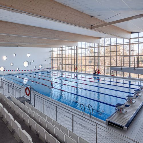 Piscina da competizione coperta - Myrtha Pools - per attività sportiva / pubblica / in acciaio inossidabile