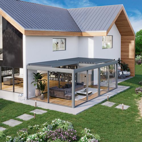 Pergola addossata - OSKURA UNICA - Sunroom S.p.A. - in vetro / a lamelle frangisole / bioclimatica