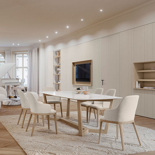 Tavolo da pranzo contemporaneo - HECTOR  - Olivieri - in vetro / in gres / con supporto in legno laccato