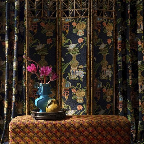Tessuto per il design d'interni - ODYSSEY II - JIM THOMPSON - con motivi floreali / a righe / con scene