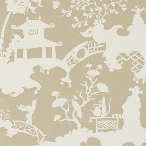 Carta da parati contemporanea - PAGODA AND PALMS : TEA PARTY - JIM THOMPSON - a motivi / aspetto tessuto / grigia