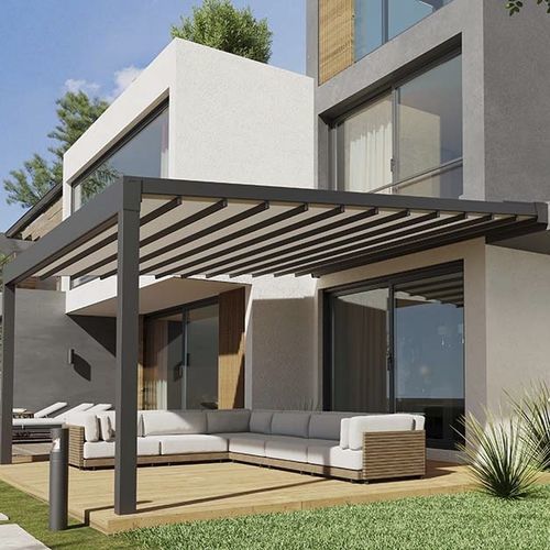 Pergola addossata - NEW LIPARI - MV LINE - in alluminio estruso / in alluminio laccato / con copertura scorrevole in tela PVC