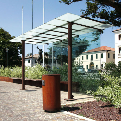 Pensilina per fermata d'autobus in acciaio con rivestimento a polvere - ATENA - METALCO - in vetro temprato / con panchina / LED